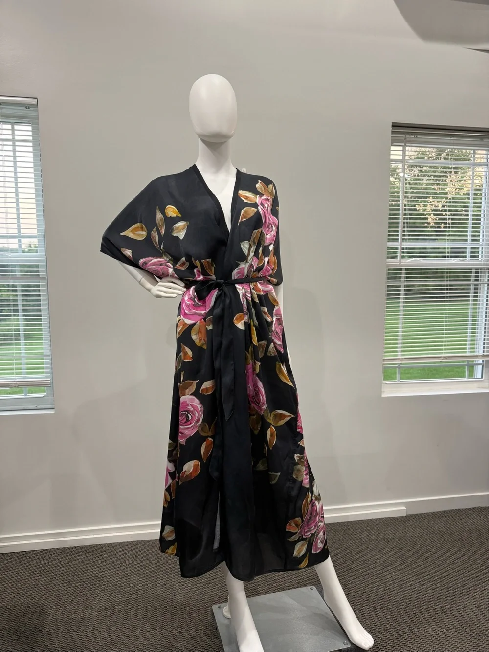 Black Floral Kimono Robe with Pink Rose Print